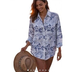 Calypso St. Barth Linen Button Down Shirt Blue White Tropical Map Print XL